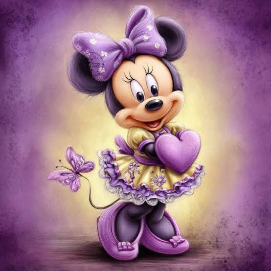 Minnie Mouse in a purple bow hugging a purple heart