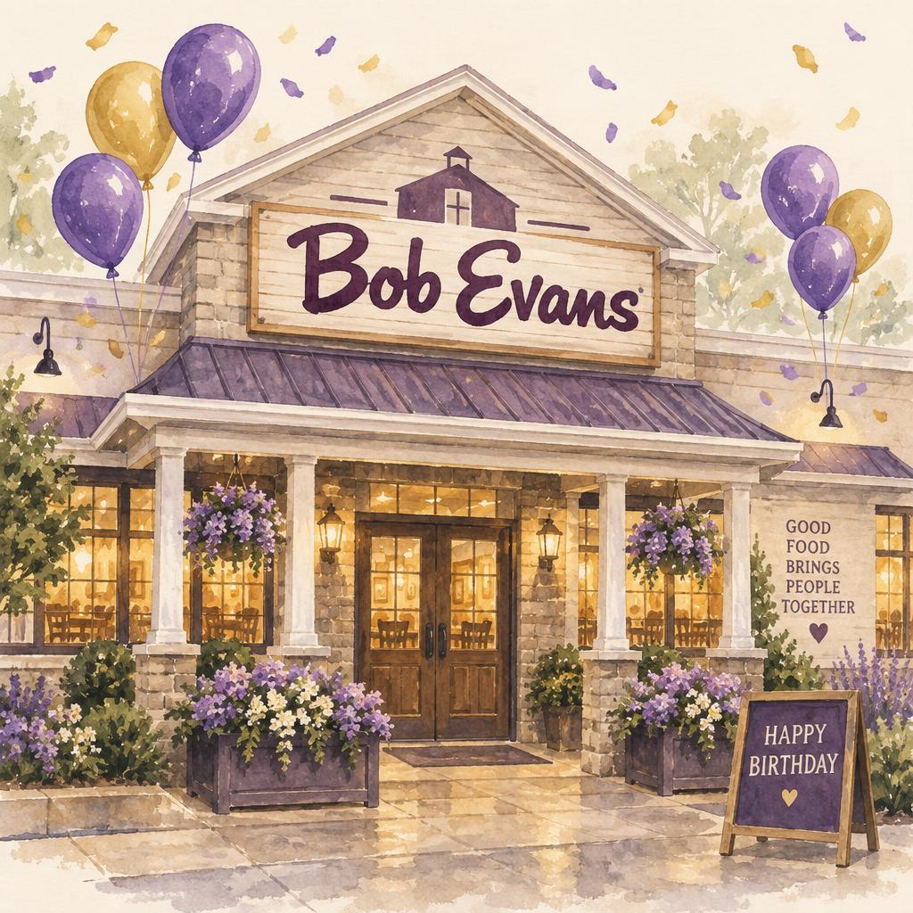 Watercolor Bob Evans restaurant storefront with purple flowers and balloons