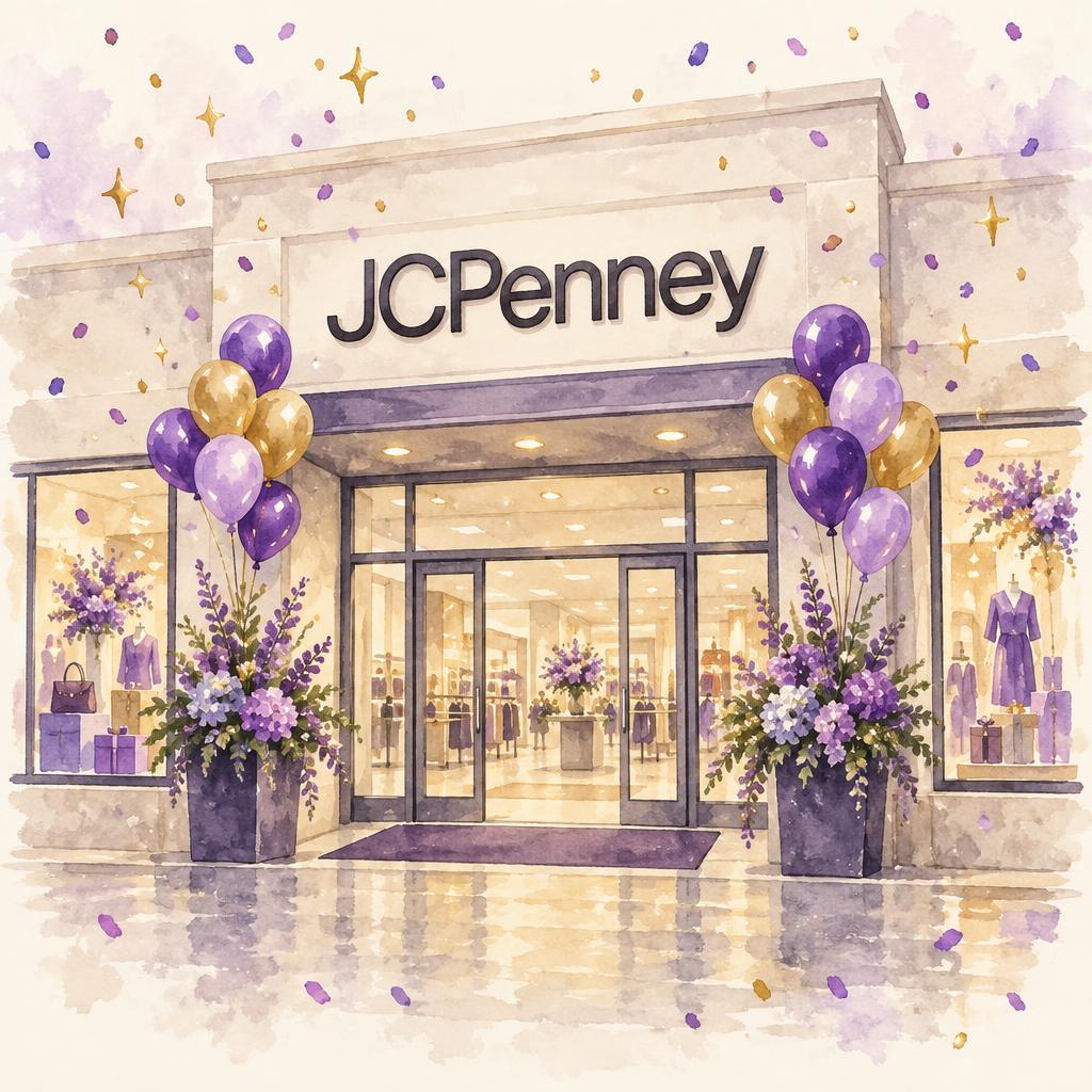 Watercolor JCPenney department store storefront with purple flowers and balloons