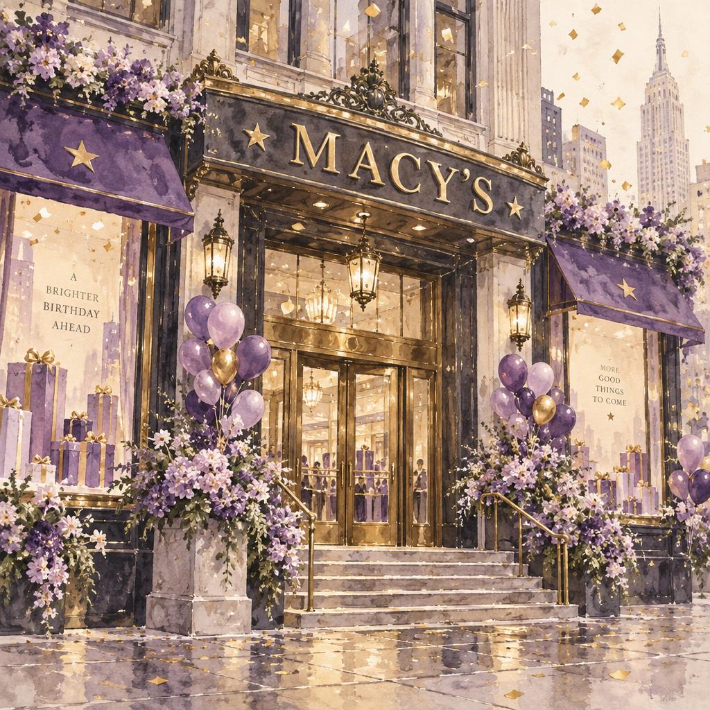 Watercolor Macy's department store storefront with purple balloons and gift windows